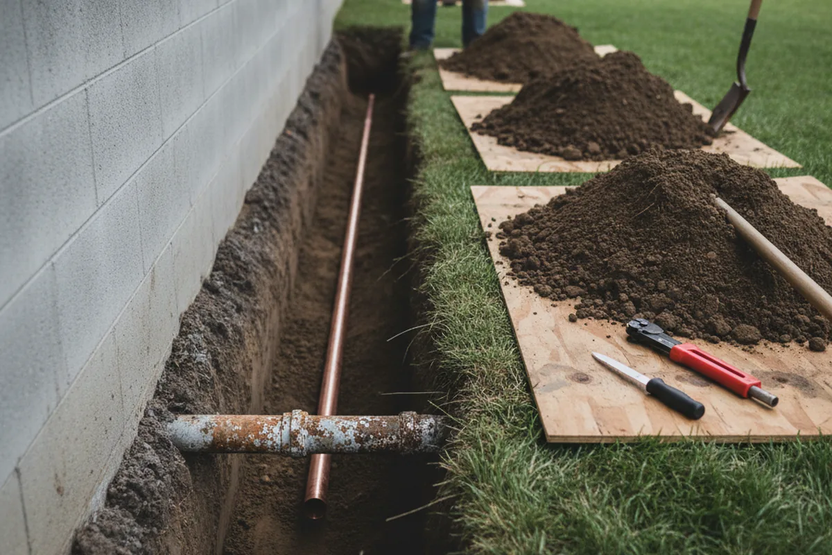 Excavated water line trench during Water Softener Installation in Fishers Island